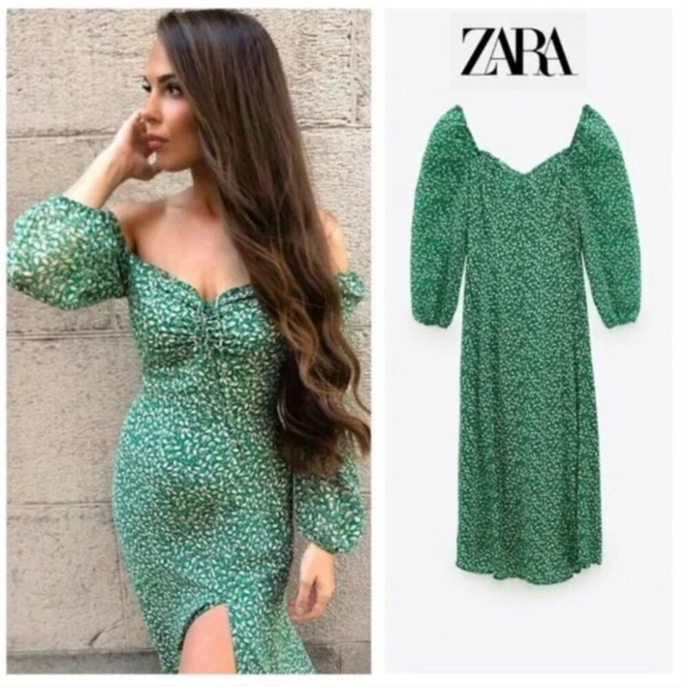 NWOT Zara Green Botanical Leaf Print Off-Shoulder Front Slit Dress X-Small
